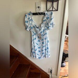 Zara White Dress Blue Floral Details Size M